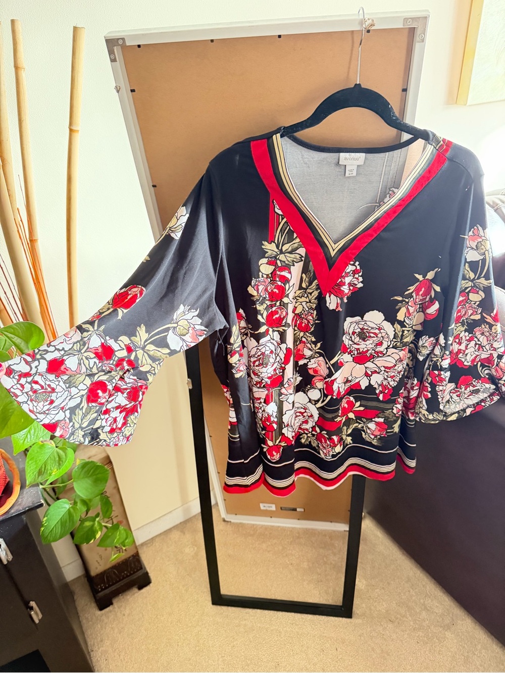 Avenue Black Floral V-Neck Bell Sleeve Tunic with Red Accents